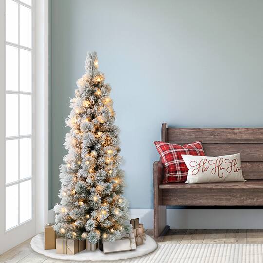 4.5ft. Pre-Lit Flocked Portland Pine Pencil Artificial Christmas Tree, Clear Lights